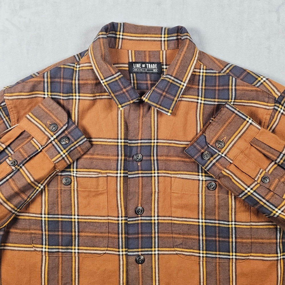 Line of Trade Flannel Shirt Mens Medium Brown Orange Plaid Button Up Fall